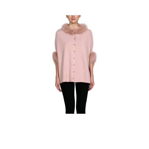 Belle Fare Pink Knit Poncho Sweater Fox Fur Collar Wool Blend Womens OS Luxury - Picture 1 of 11